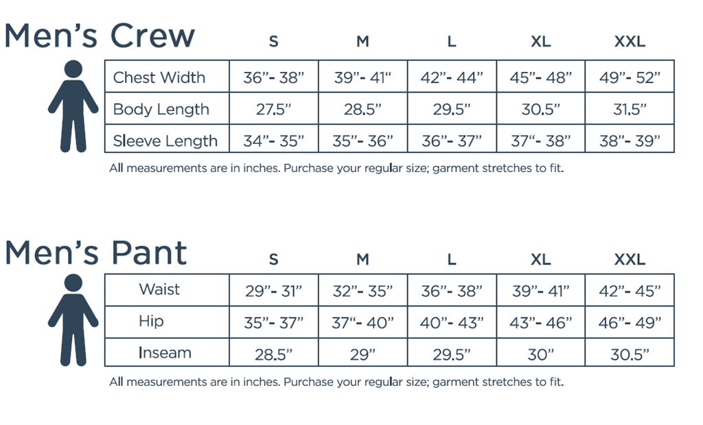 Winter's Edge Men's Base Layer Size Chart