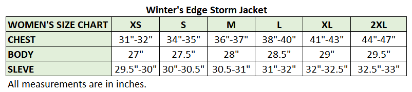 Women's Storm Jacket Size Chart
