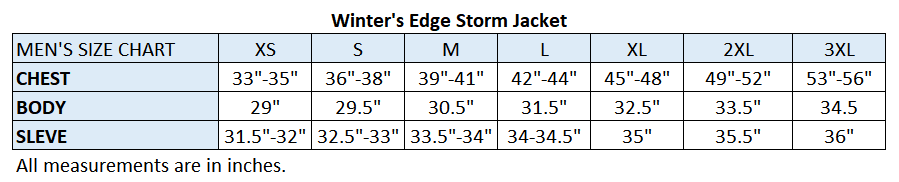 Men's Storm Jacket Size Chart