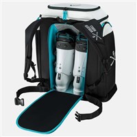 Head Rebels Racing Backpack S - Black / White / Speed Blue - front with boots